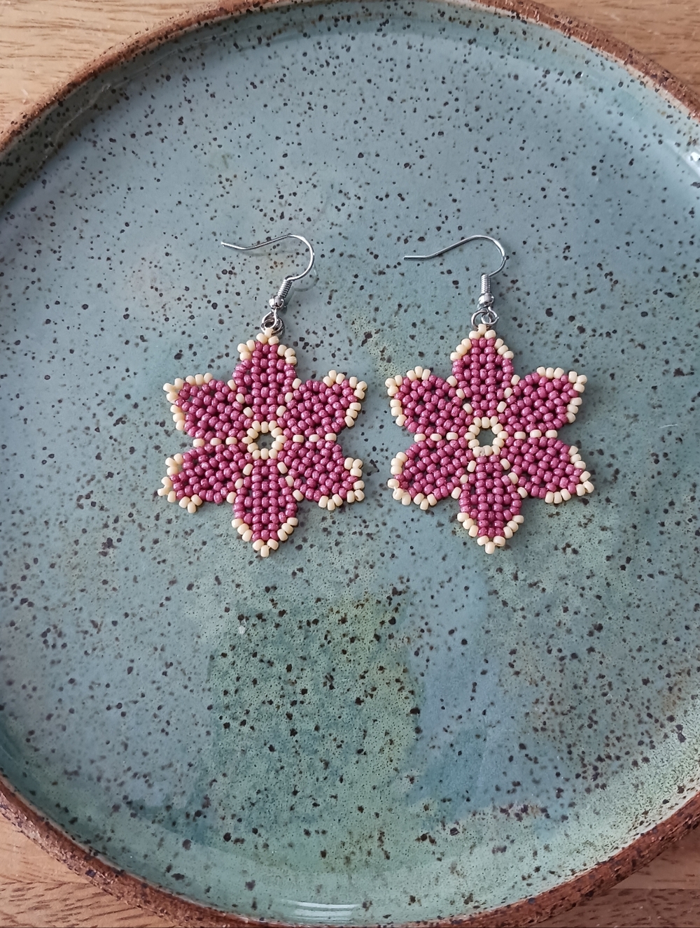 Handmade Beaded Flower Earrings in Mauve and Cream New